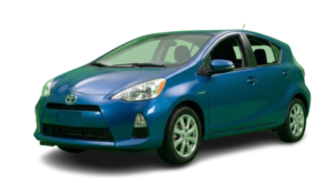 Toyota Prius C hybrid car for rent, fuel-efficient city vehicle.
